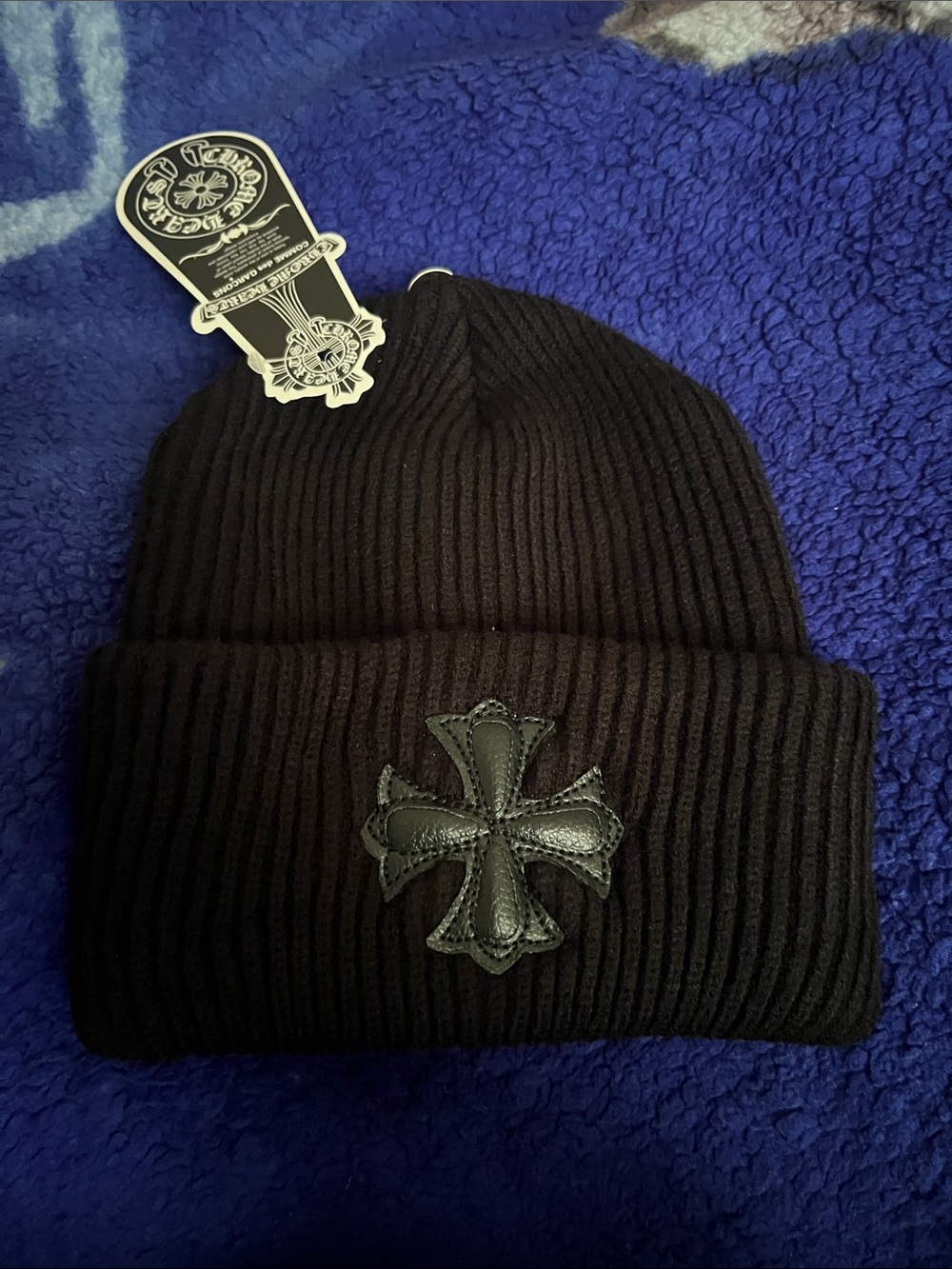 Chrome Hearts Black Ribbed Beanie with Leather Cross Patch